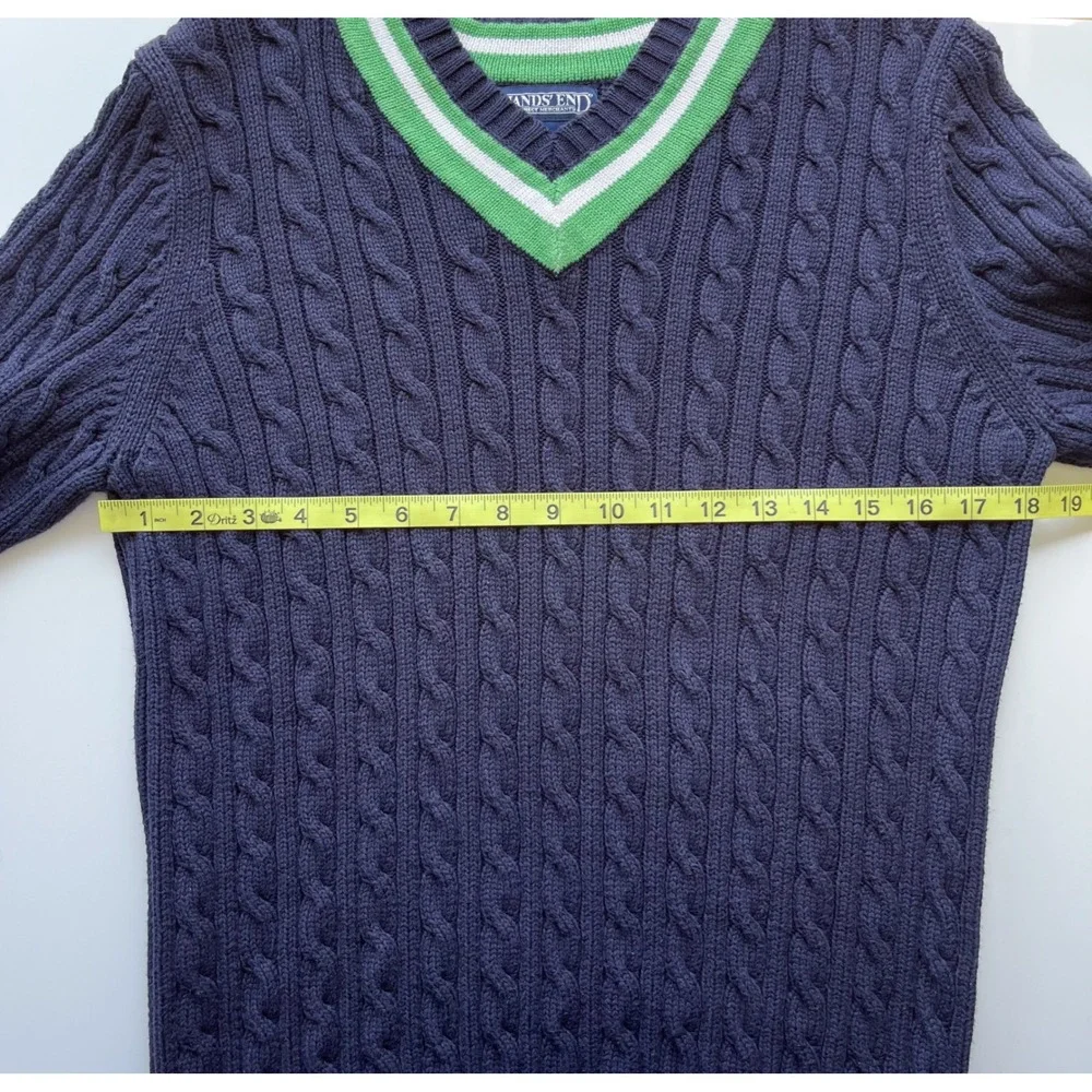 Lands' End Varsity Cable Knit V-Neck Sweater Women Medium Navy Green Tennis Prep